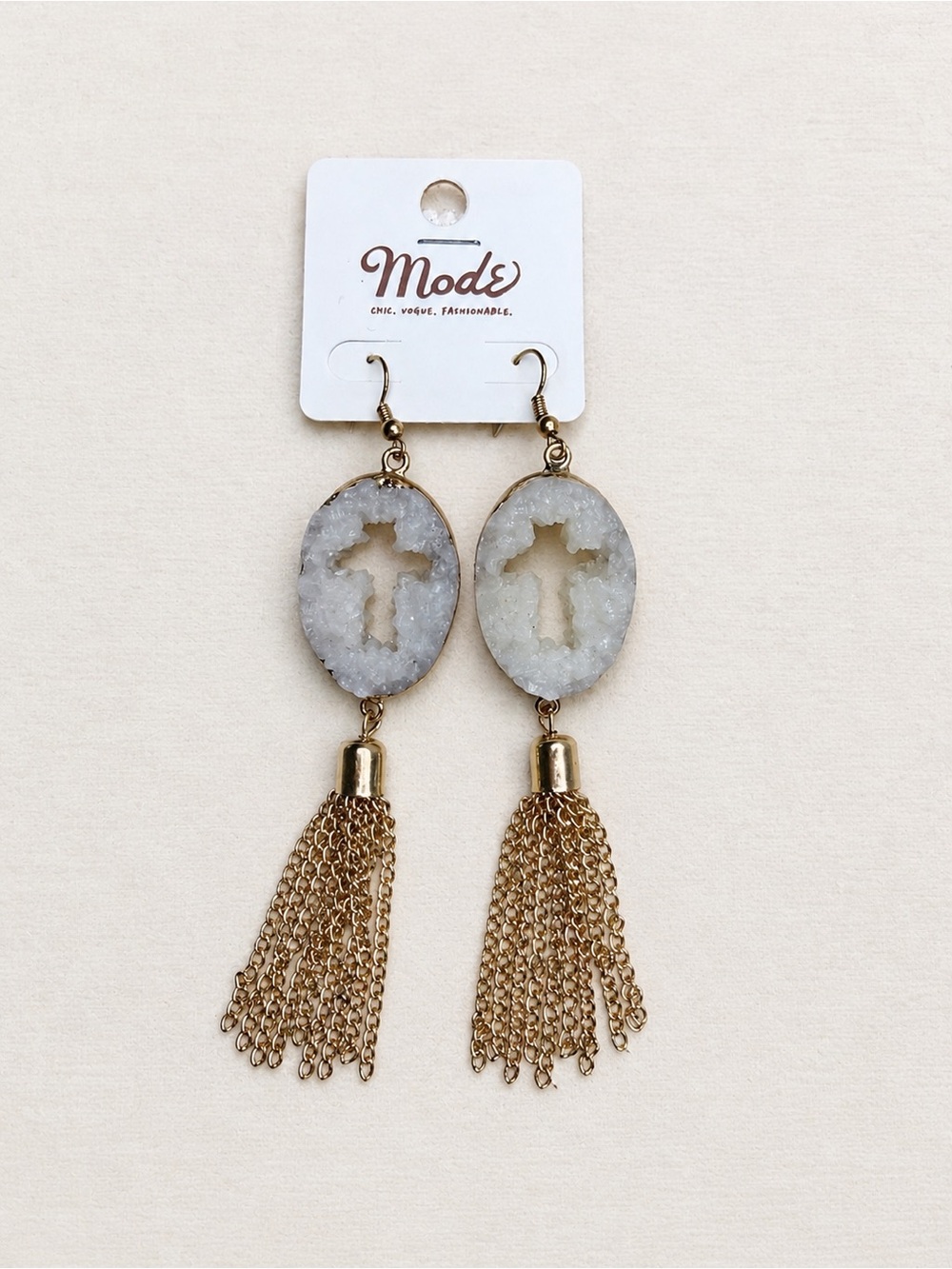 Mode White Druzy Cross Tassel Earrings